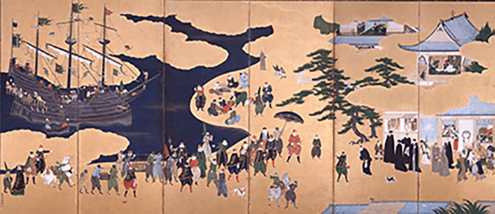 Arrivée de commerçants Portugais accompagnés de leurs esclaves africains, byōbu réalisé vers 1600 par Kanō Naizen.
