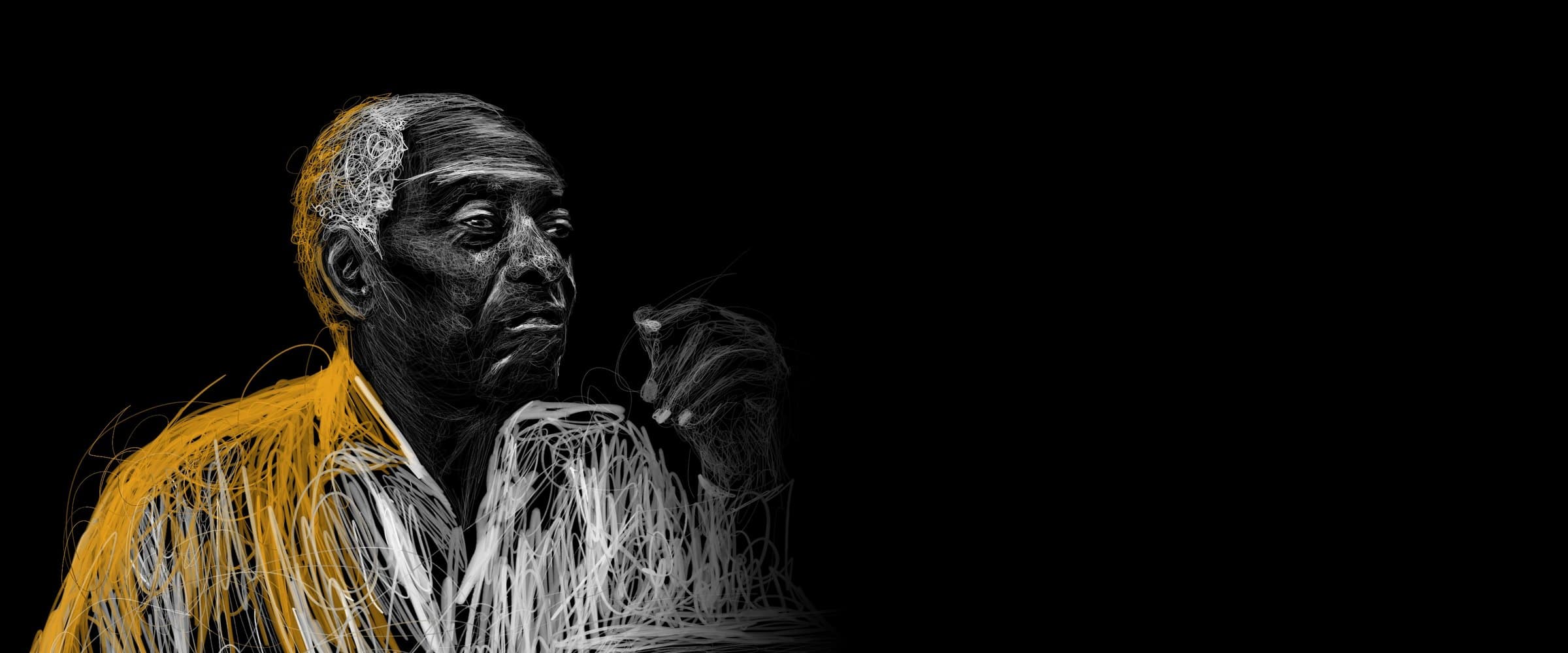 Portrait au trait de Fabien Eboussi Boulaga, blanc et or sur fond noir