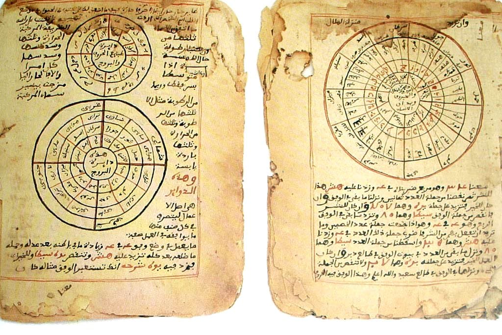 Manuscrit ancien de Tombouctou , diagrammes d’astronomie et de mathématiques