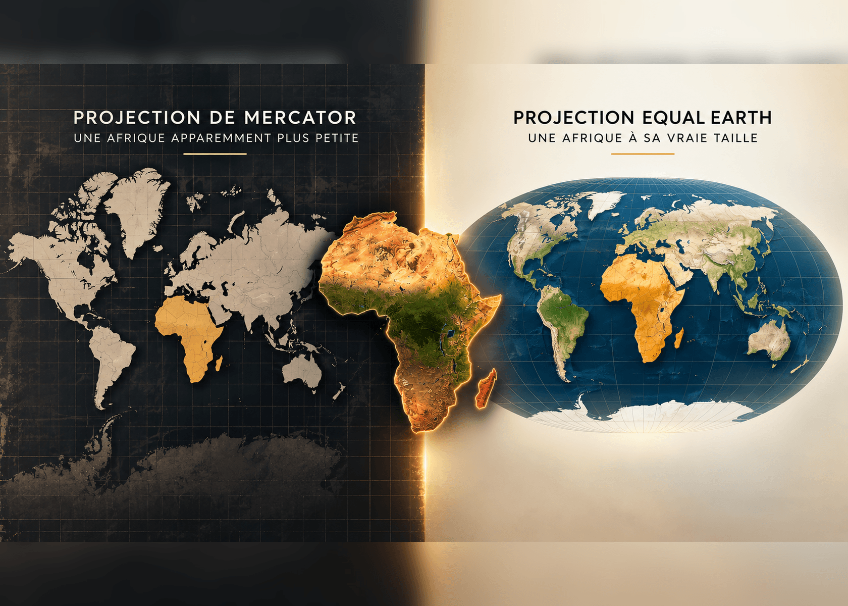 La projection de Mercator et la projection Equal Earth comparées : sur la seconde, l’Afrique apparaît à sa superficie réelle.