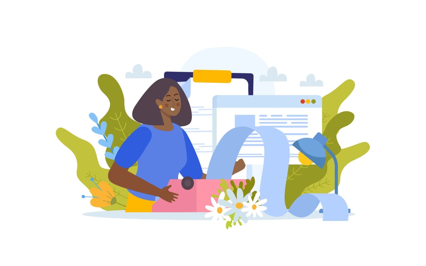 Illustration : une autrice à sa machine à écrire, entourée de feuillages