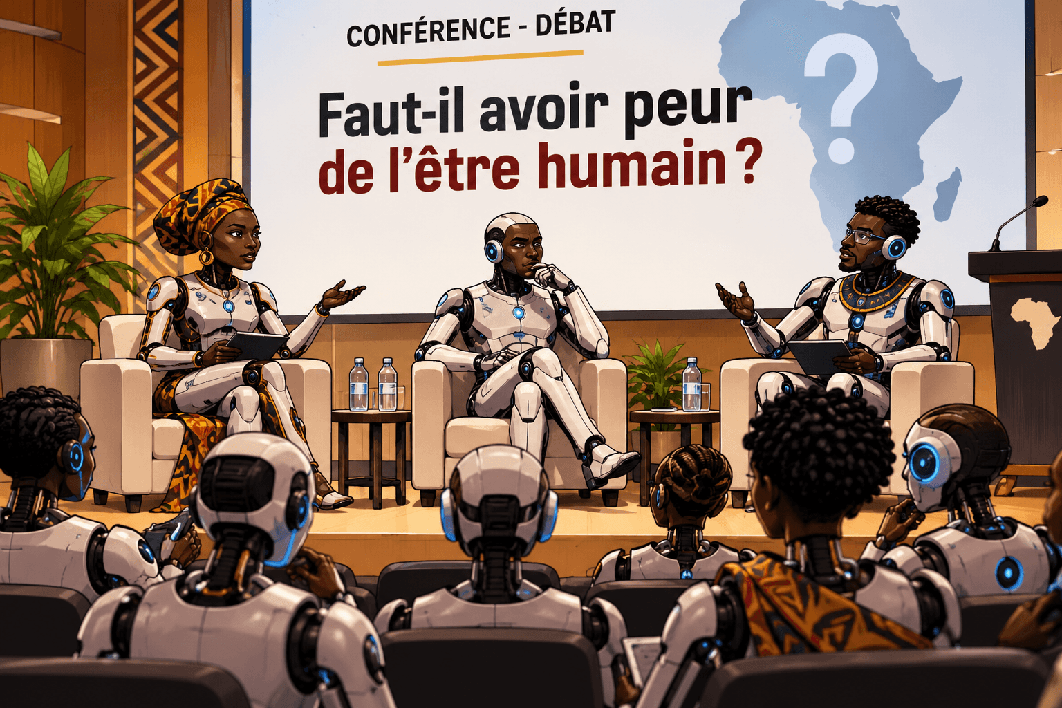 « Conférence-débat : Faut-il avoir peur de l’être humain ? »
Adaptation par ChatGPT du dessin de Micaël (Micaël Queiroz), dessinateur de presse. Site de l’auteur : www.micaelqueiroz.com.