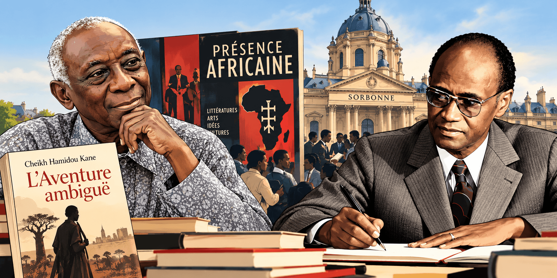 Cheikh Hamidou Kane (à gauche) et Alioune Diop (à droite) : deux figures majeures de la pensée africaine, unies par une même exigence d’émancipation intellectuelle. En arrière-plan, Présence Africaine et la Sorbonne évoquent le Congrès international des écrivains et artistes noirs de 1956.